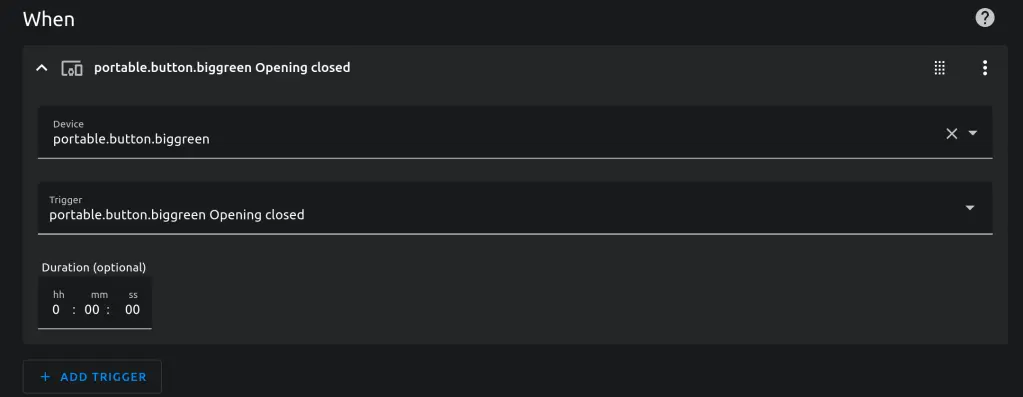 A screenshot of the setup of the trigger for a door/window sensor being used as a button