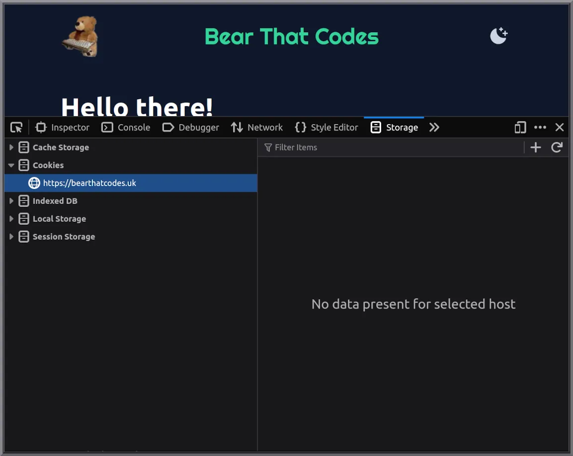 Cookies in developer tools showing no cookies
